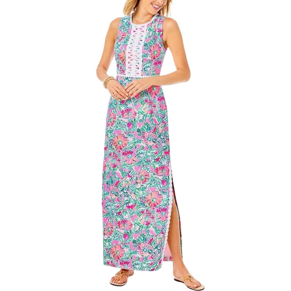 Lilly Pulitzer‎ New Ashler Poppy Pink Floral Lace Trim Sleeveless Maxi Dress 14